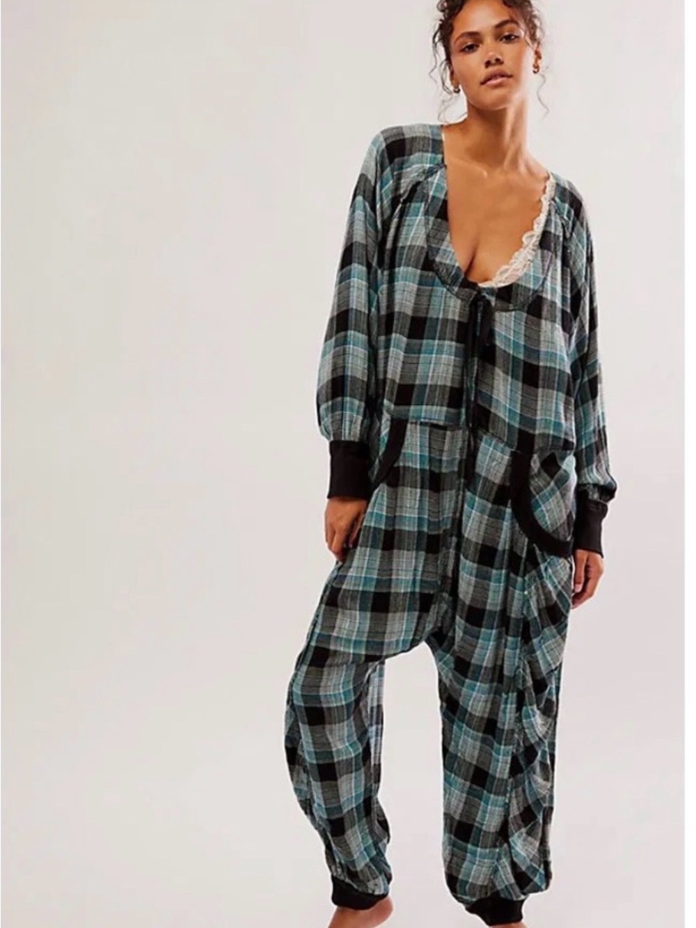 Free people fallin for flannel plaid Long-Sleeve One-Piece Pajama Romper
